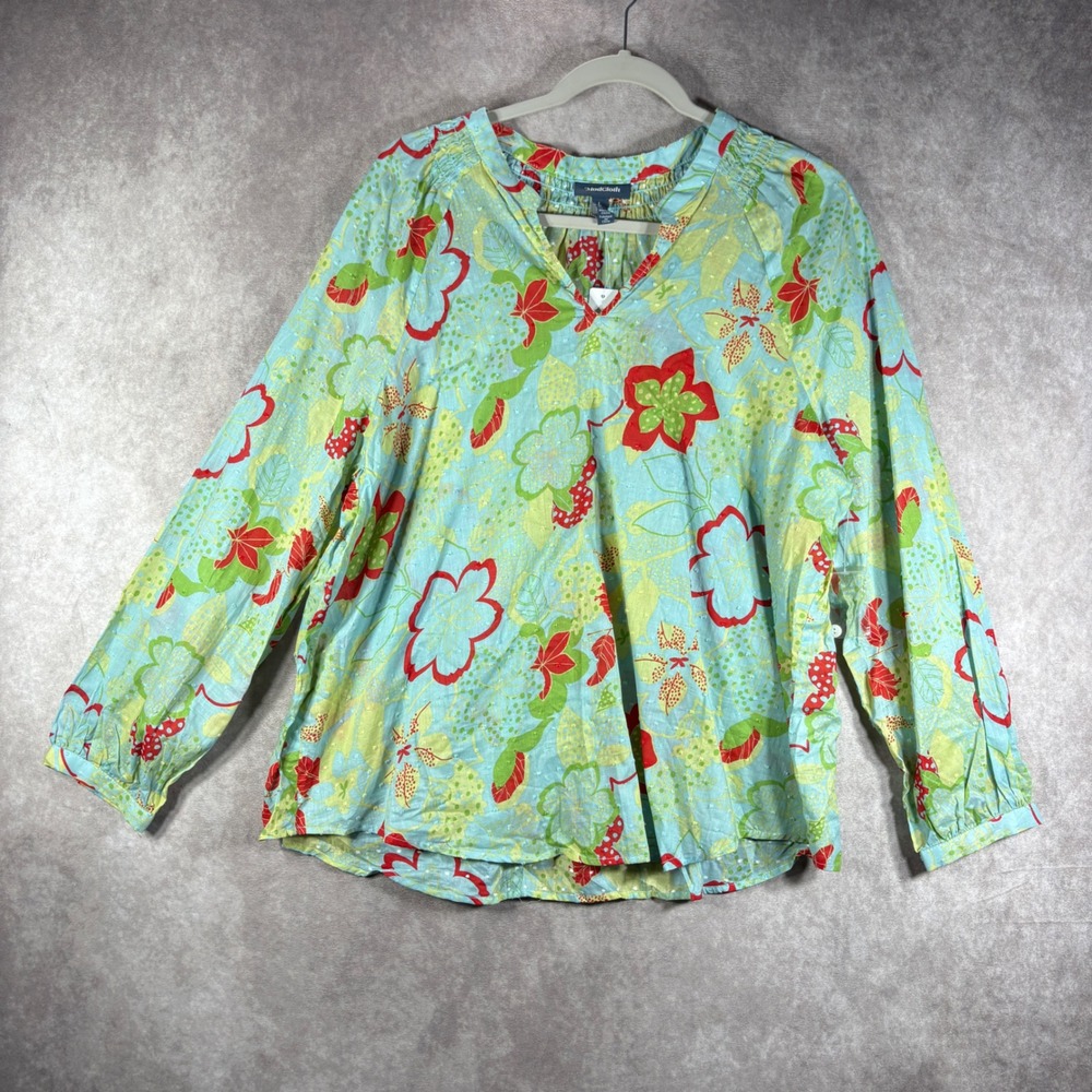 ModCloth Blouse Womens Large Blue Floral Boho Swiss Dot Cotton V-Neck Retro Art